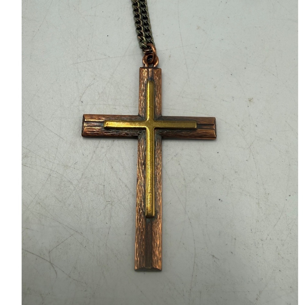 Vintage Mixed Metal Layered Cross Pendant Necklace Copper Gold Tone 24 In Chain